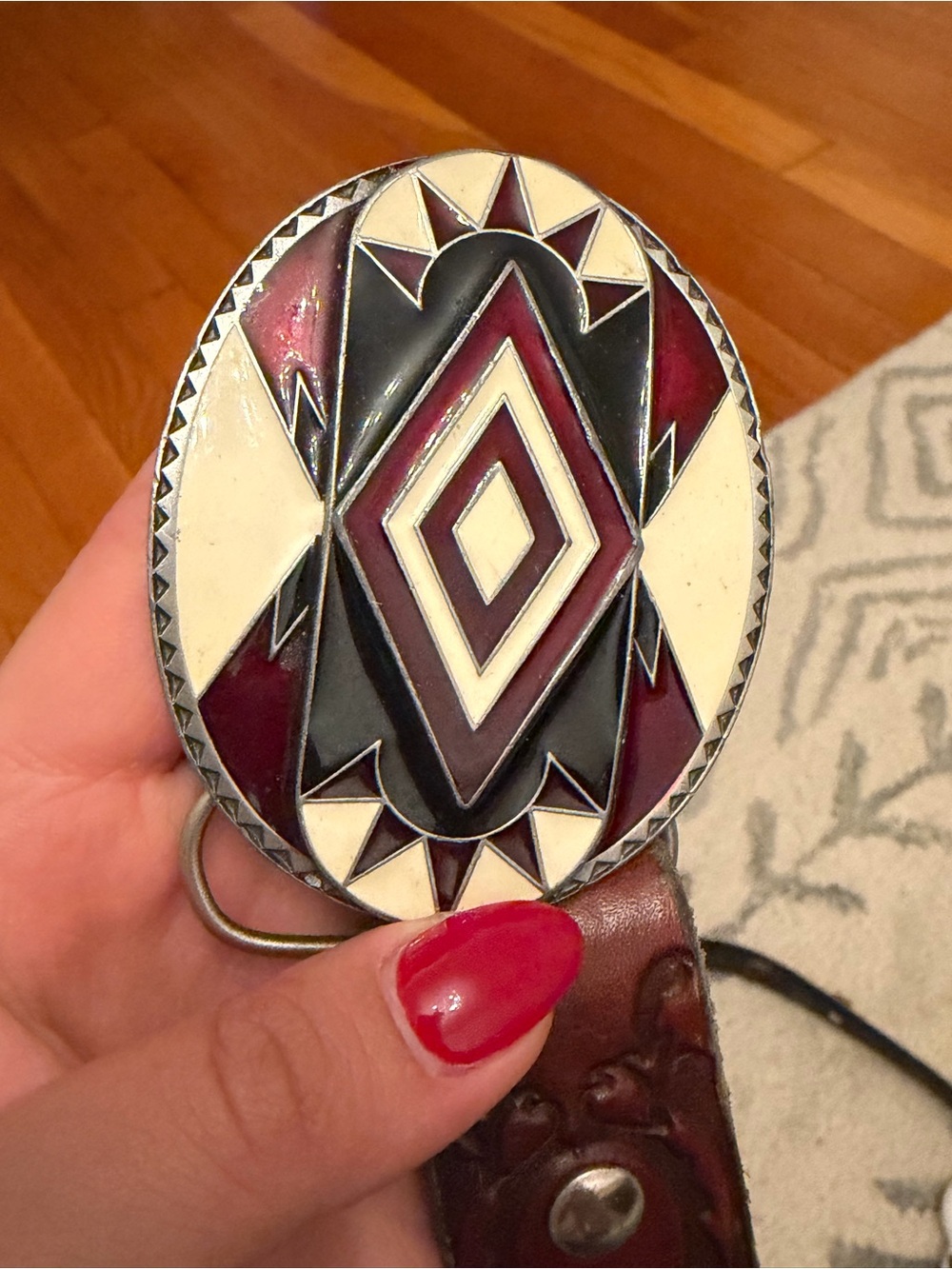 SISKIYOU made in USA Geometric Enamel Oval Belt - Burgundy, Black & Cream
